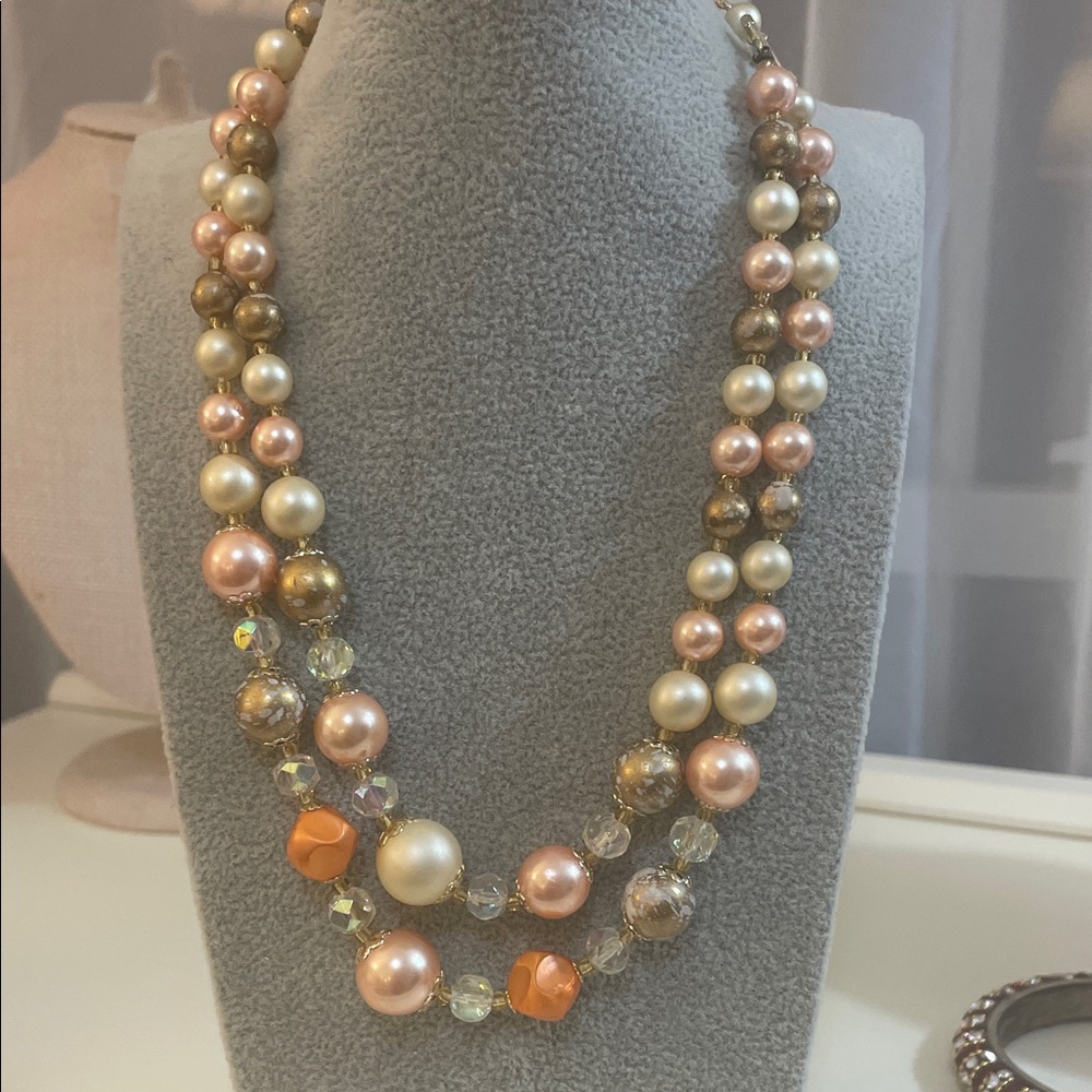 Japan Vintage double -Strand Faux Pearls signed on hook orange peach pink gold
